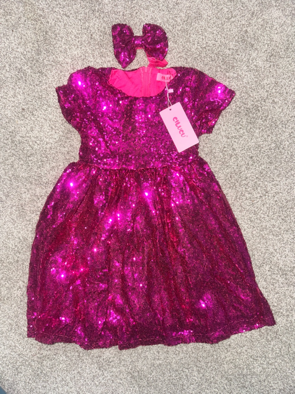 Girls Sequin Birthday Dress Hot Pink 5T 6T w/ Bow Headband NEW